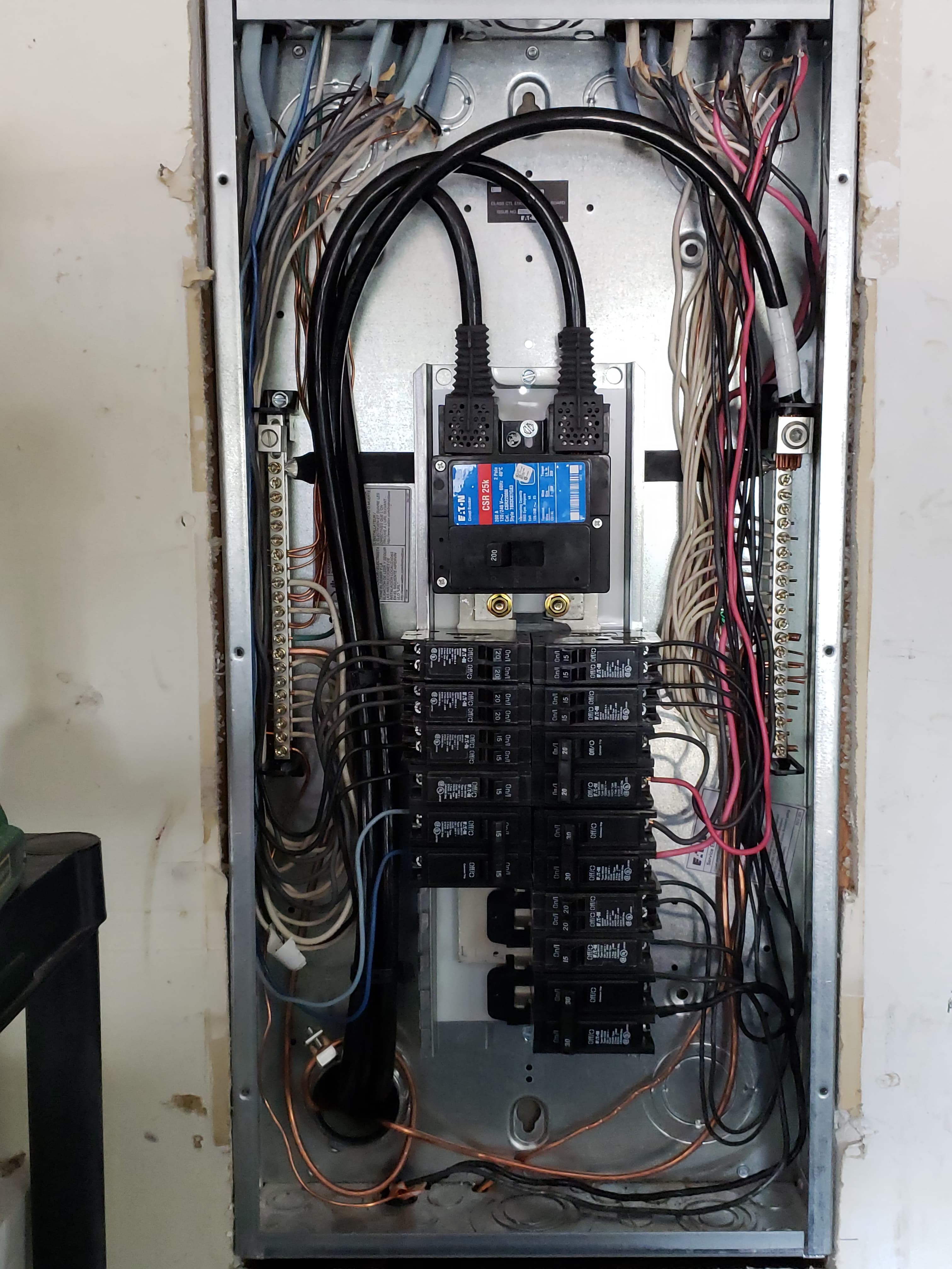 Open 200 amp panel with neatly dressed wiring and Eaton breakers