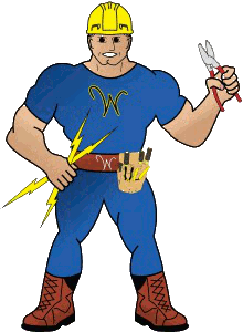 The Williams and Sons cartoon electrician in a gold hard hat